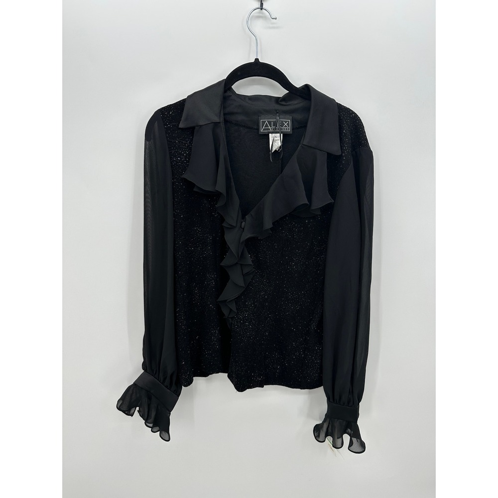 Whimsigoth Edwardian Black Glitter Ruffle Button Front Blouse Witch Goth